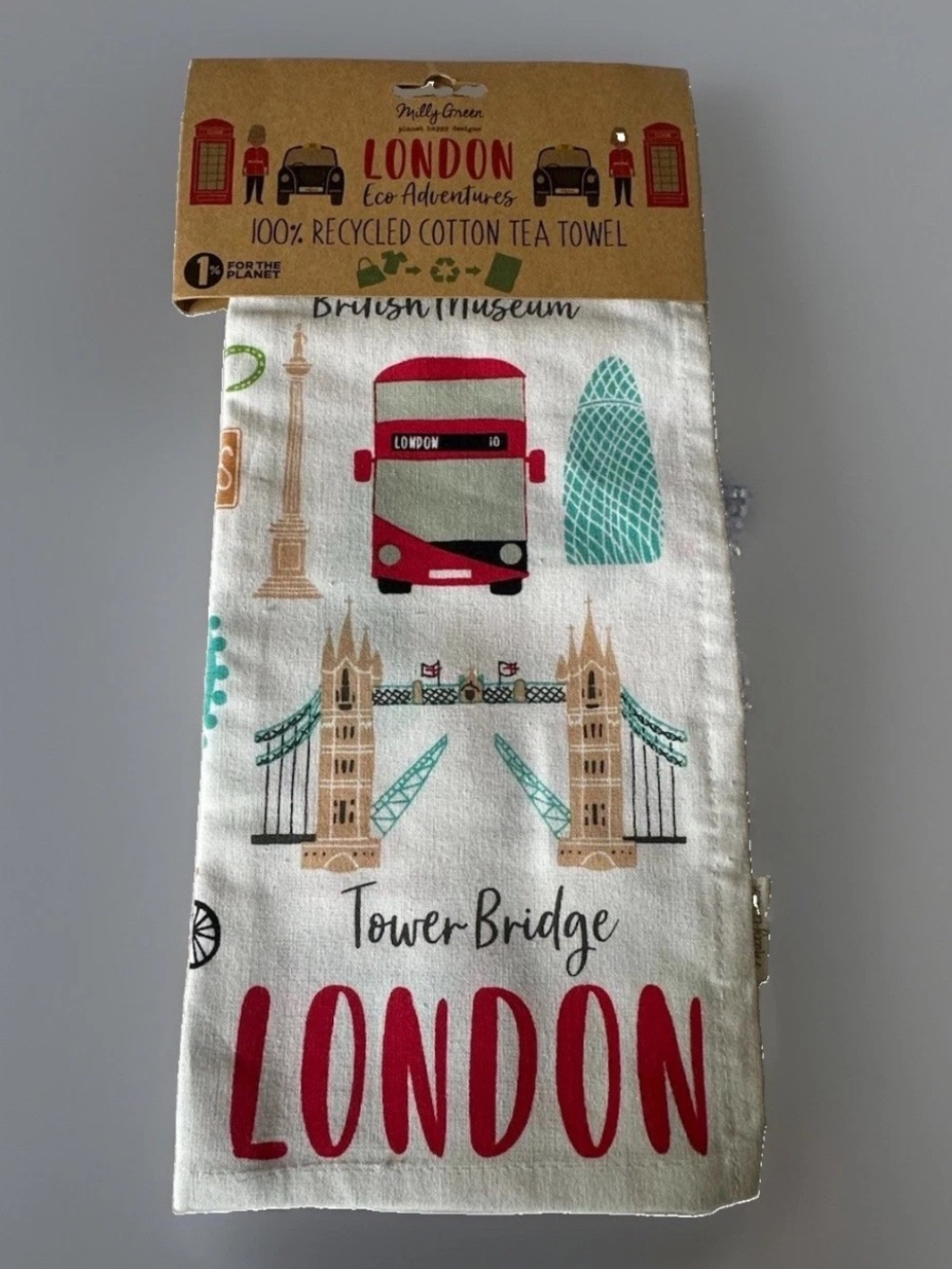 London Tower Bridge Recycled Cotton Tea Towel - Red & Teal Milly Green NWT